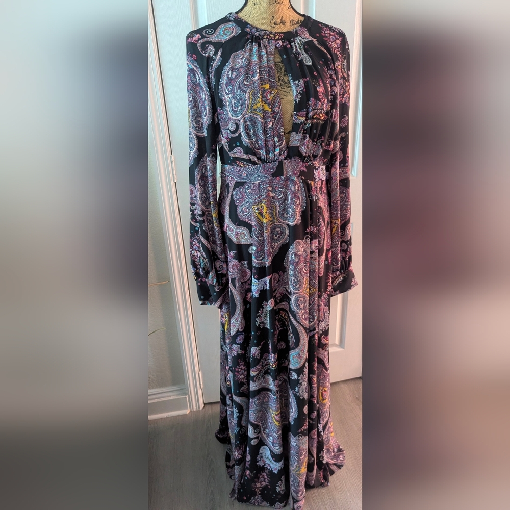 Express Black and Purple V-neck Sundress with Bishop Sleeves